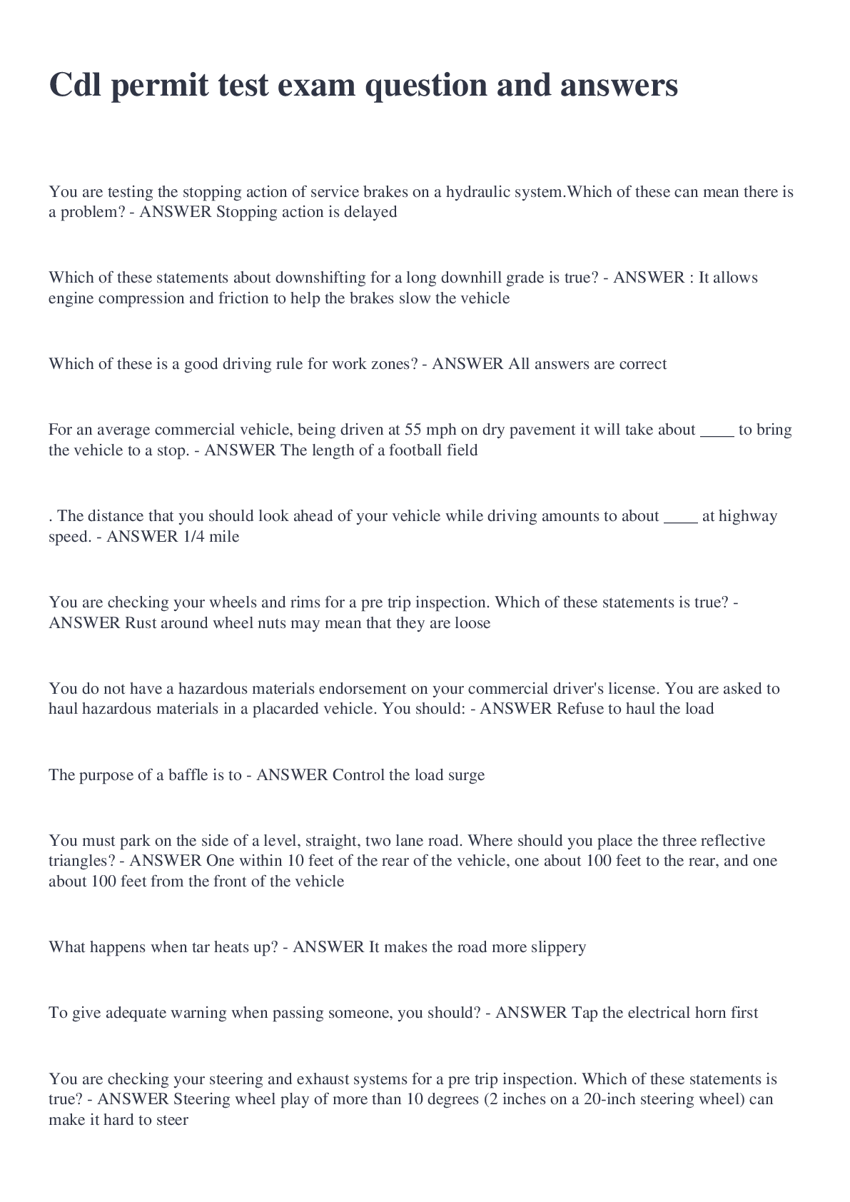 Preview image for Cdl permit test exam question and answers